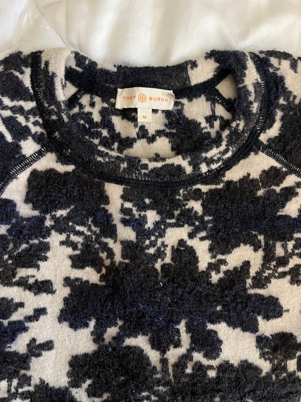 Tory Burch Black & Ivory Floral-Texture Mohair Crewneck Med